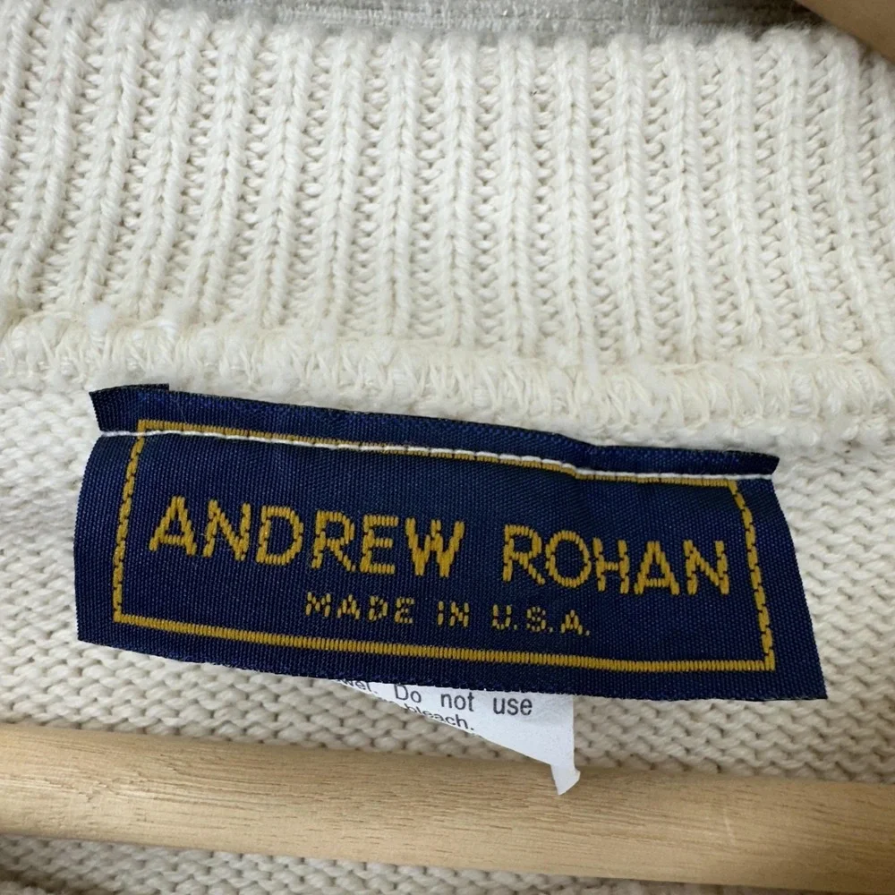Andrew Rohan‎ Cadillac Sweater Mens Large Cream Crewneck Knit Embroidered 90s